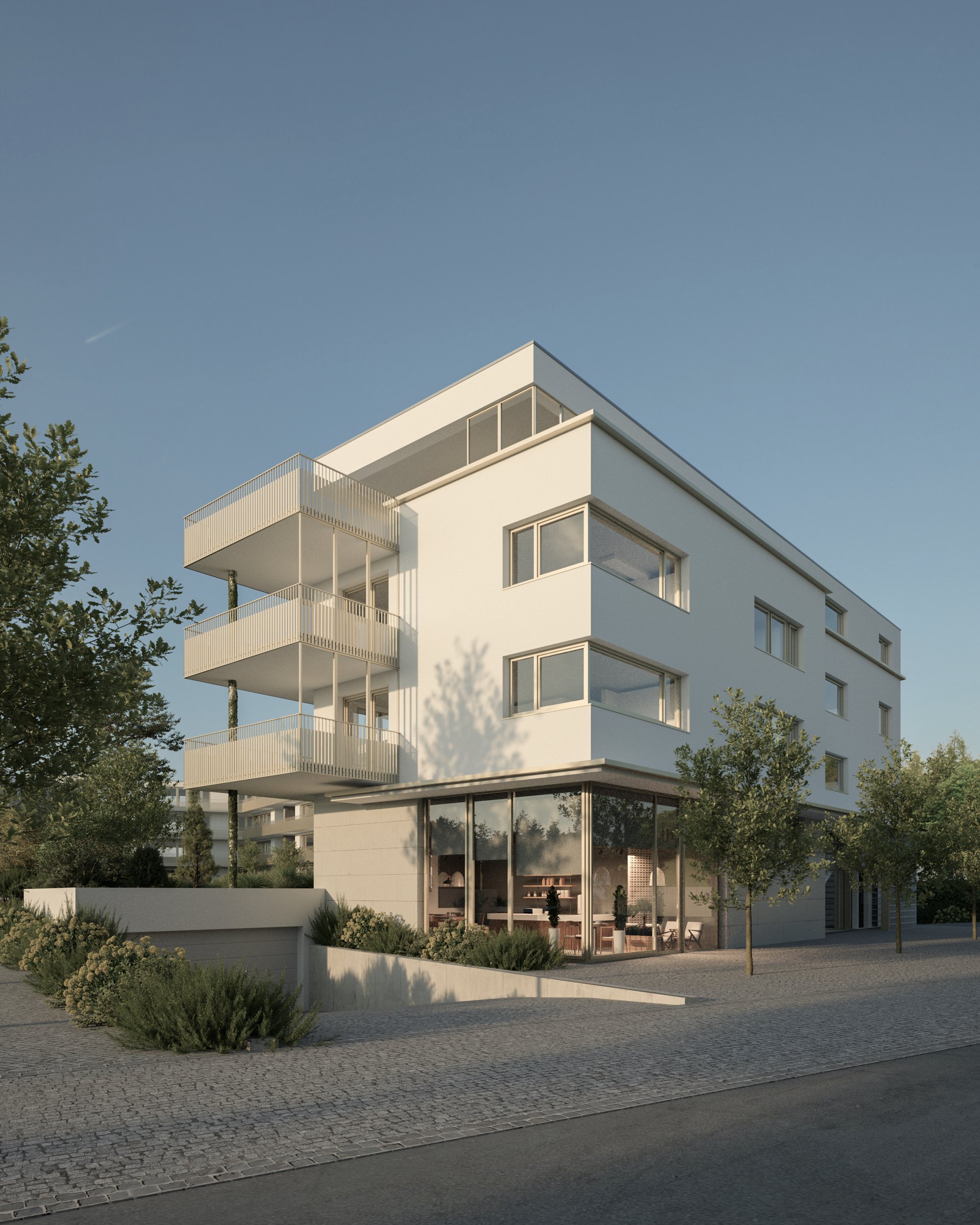 Haus 1 — Strassenansicht mit Gewerbe im Erdgeschoss