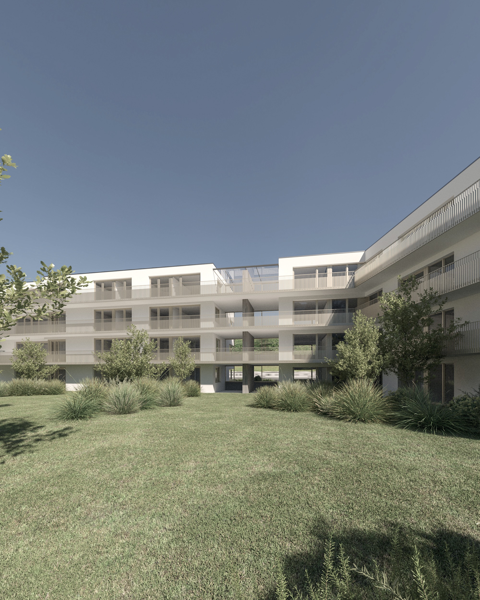 Begrünter Innenhof der Arealbebauung Brunnen — Begegnungszone und Ruheoase