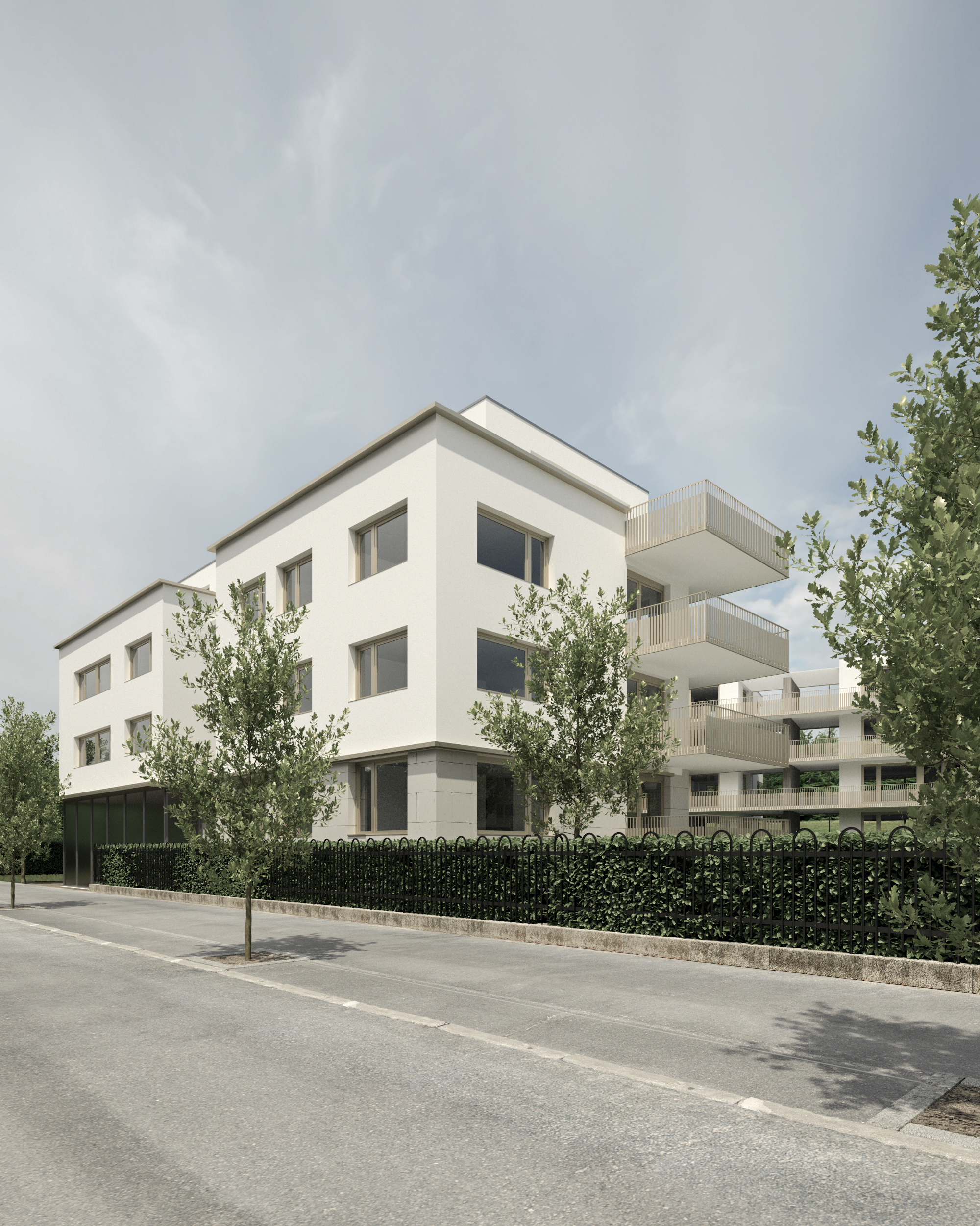 Strassenansicht der Arealbebauung Brunnen — Fassadengliederung mit Balkonen