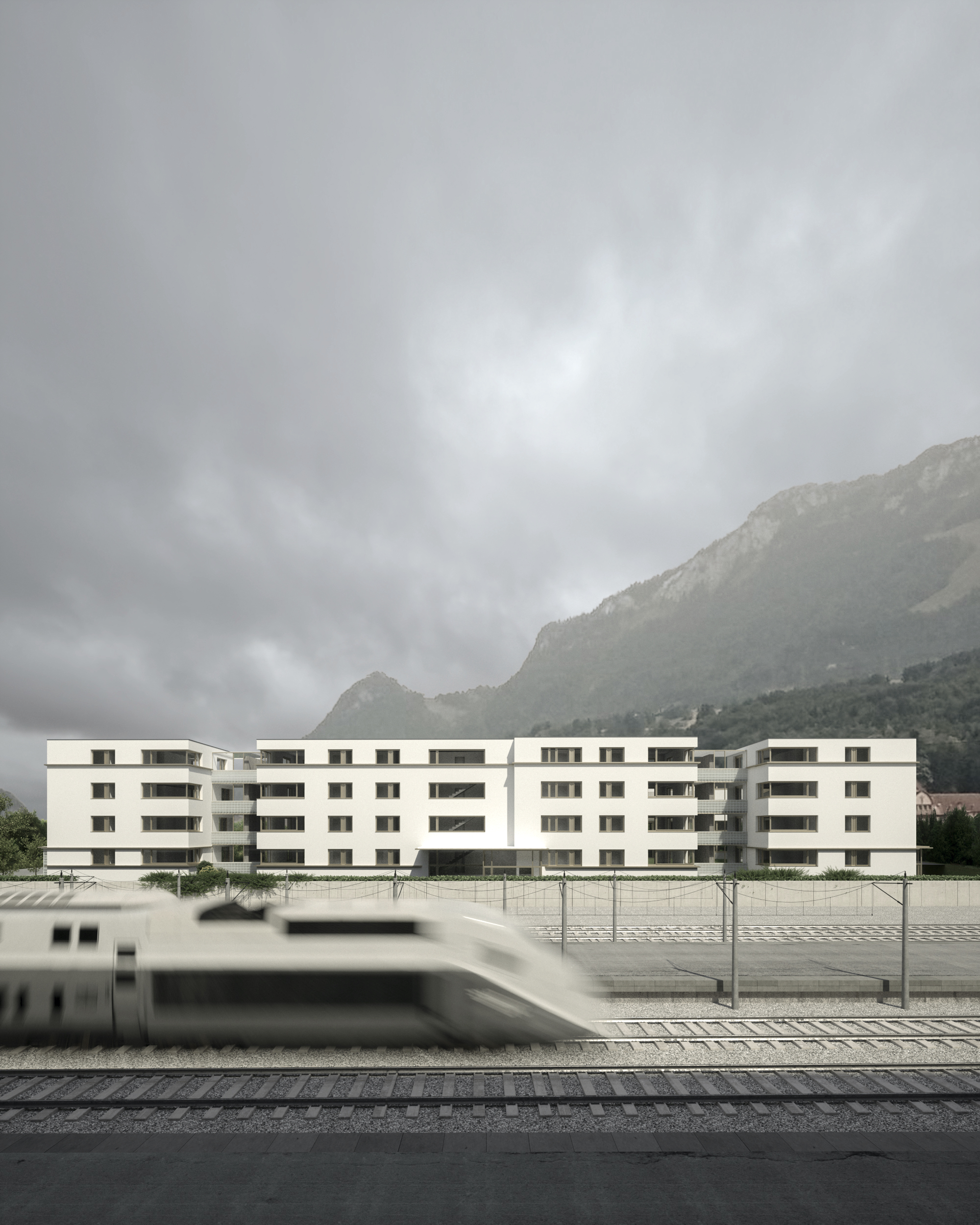 Arealbebauung Brunnen SZ — Gleisansicht mit SBB-Zug und Bergpanorama