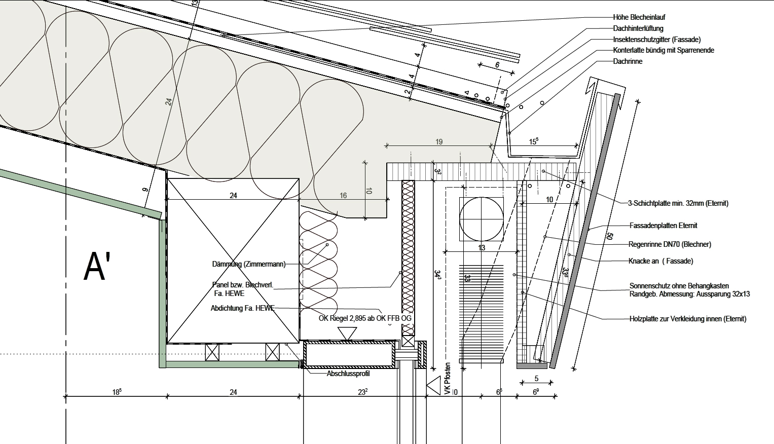 Detail Traufe — Anschluss Fassade an Dach, alle Fassadengewerke