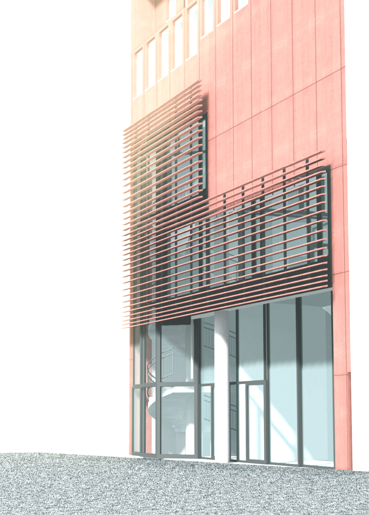 3D-Simulation der Betonlamellen-Fassade — Ansicht von Osten mit sandsteinroter Waschbetonfassade