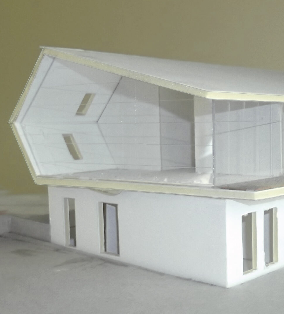 Architekturmodell der Kindertagesstätte Stuttgart Rot — Ansicht von Süden mit gefaltetem Dach