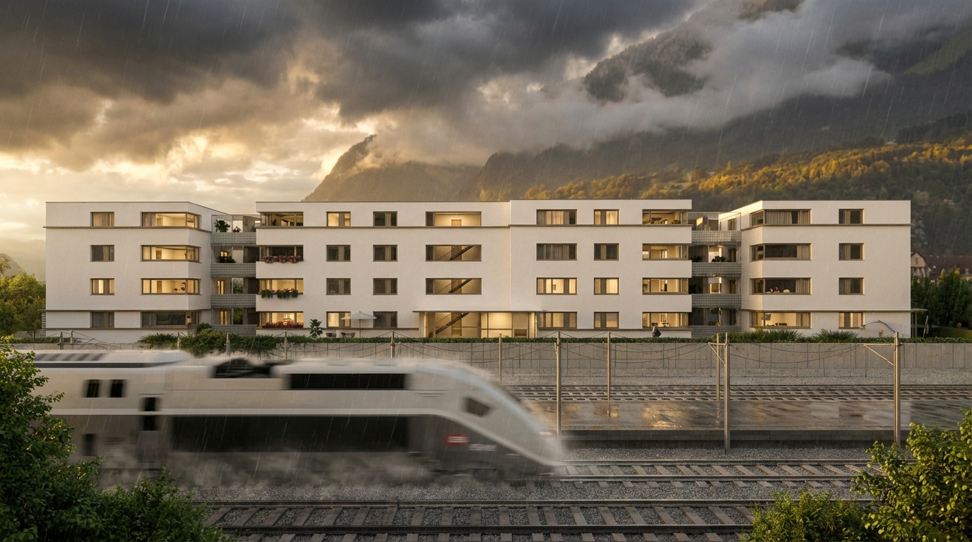 Arealbebauung Brunnen bei Herbstregen — beleuchtete Fassade gegen Wolkenbruch