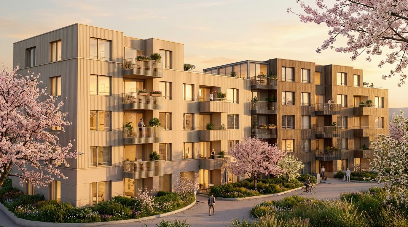 Haus D und E im warmen Abendlicht — Kirschblüten, Holzfassaden, Leben