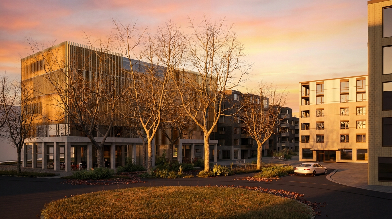 Quartierplatz im Herbst — Abendstimmung