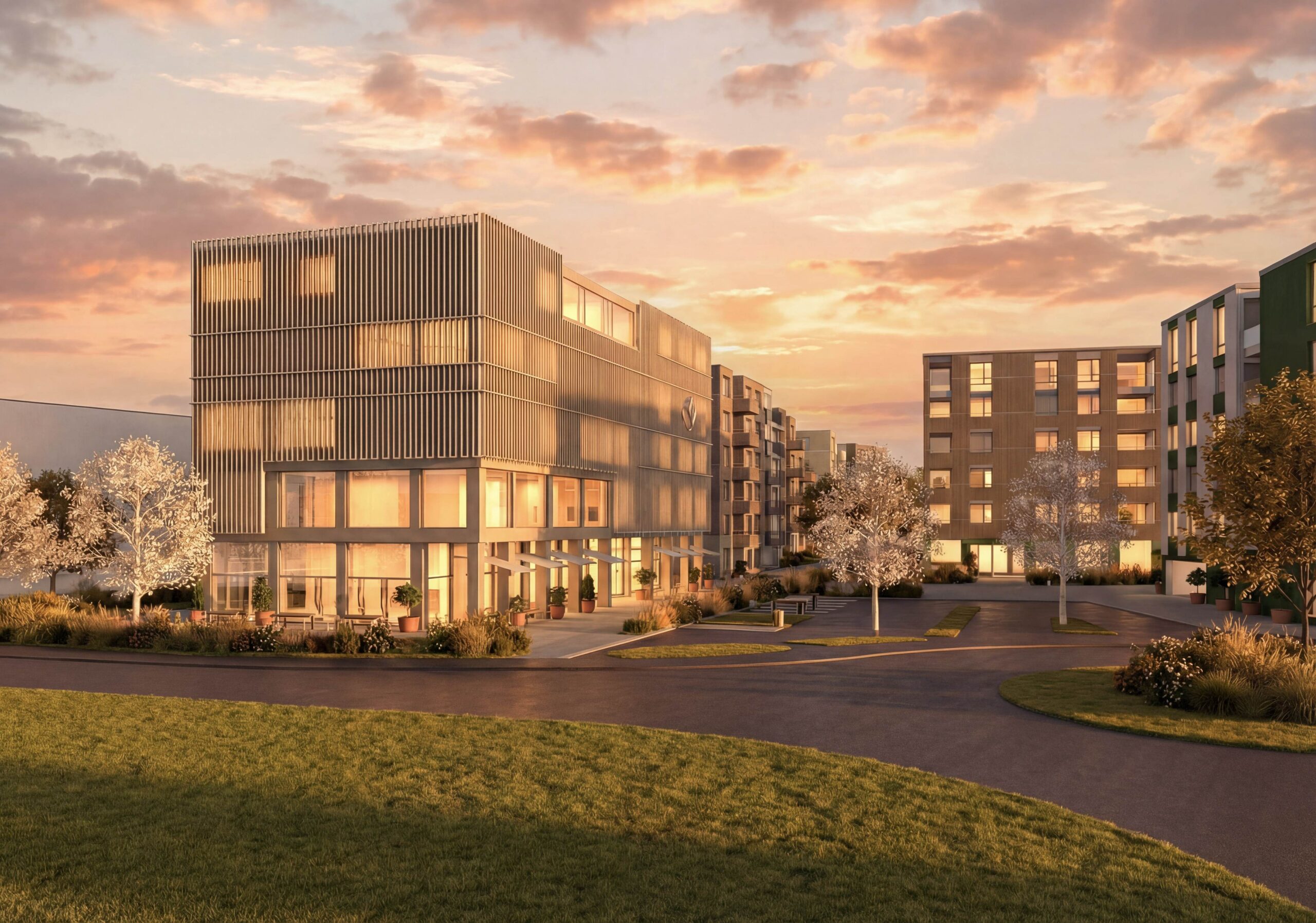 Ankunftsperspektive vom Kreisel — Gesamtensemble Münster Vorstadt Süd im Winter