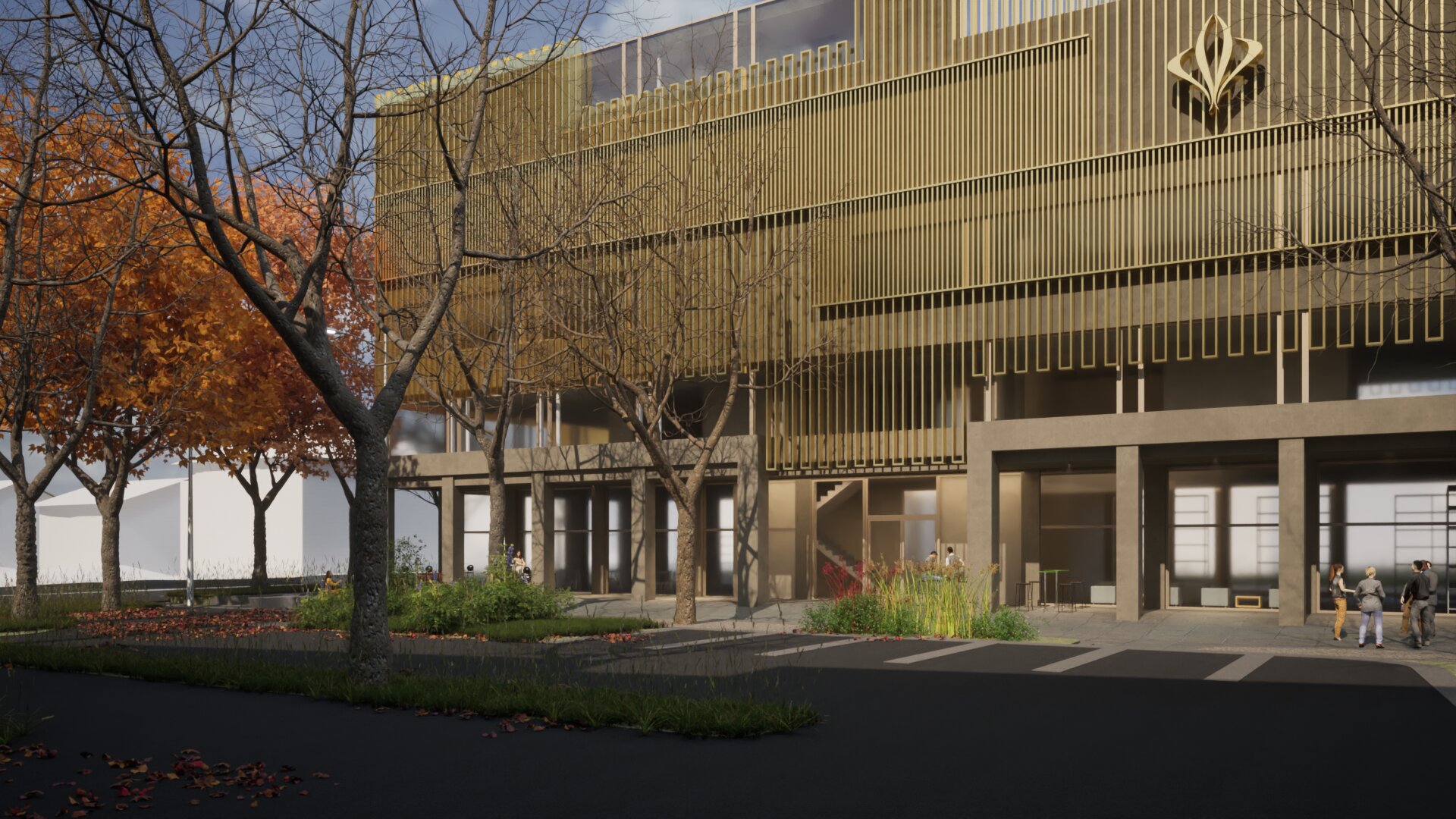 Auftaktgebäude im Herbst mit goldenem Laub