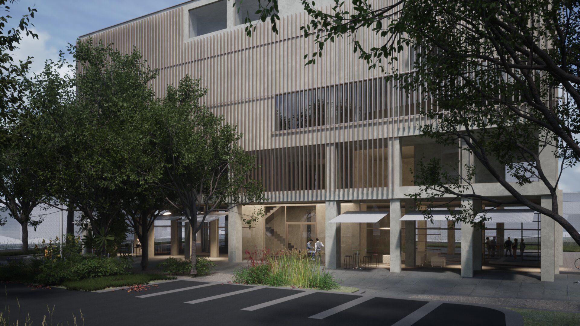 Eingangsbereich Haus A — warmes Sommerabendlicht