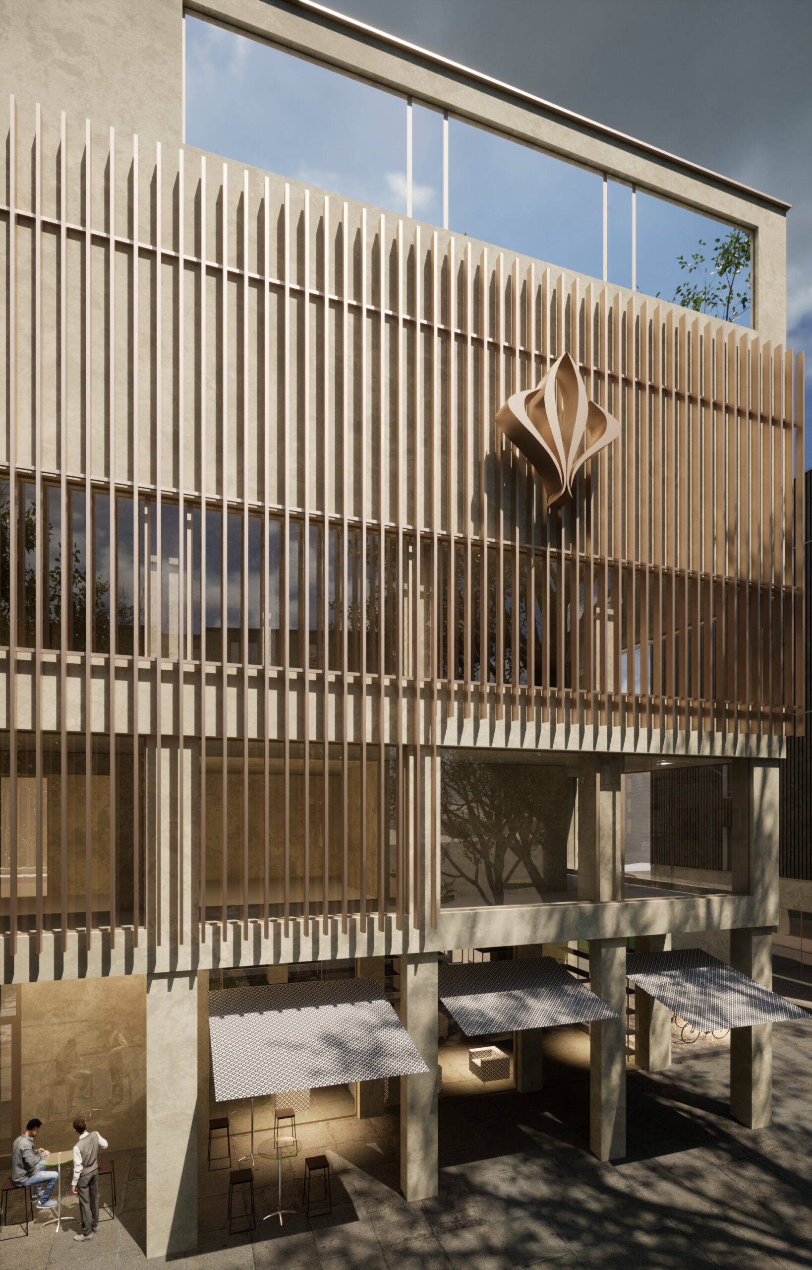 Fassadendetail Haus A — Diamantförmige Elemente zwischen den goldenen Lamellen