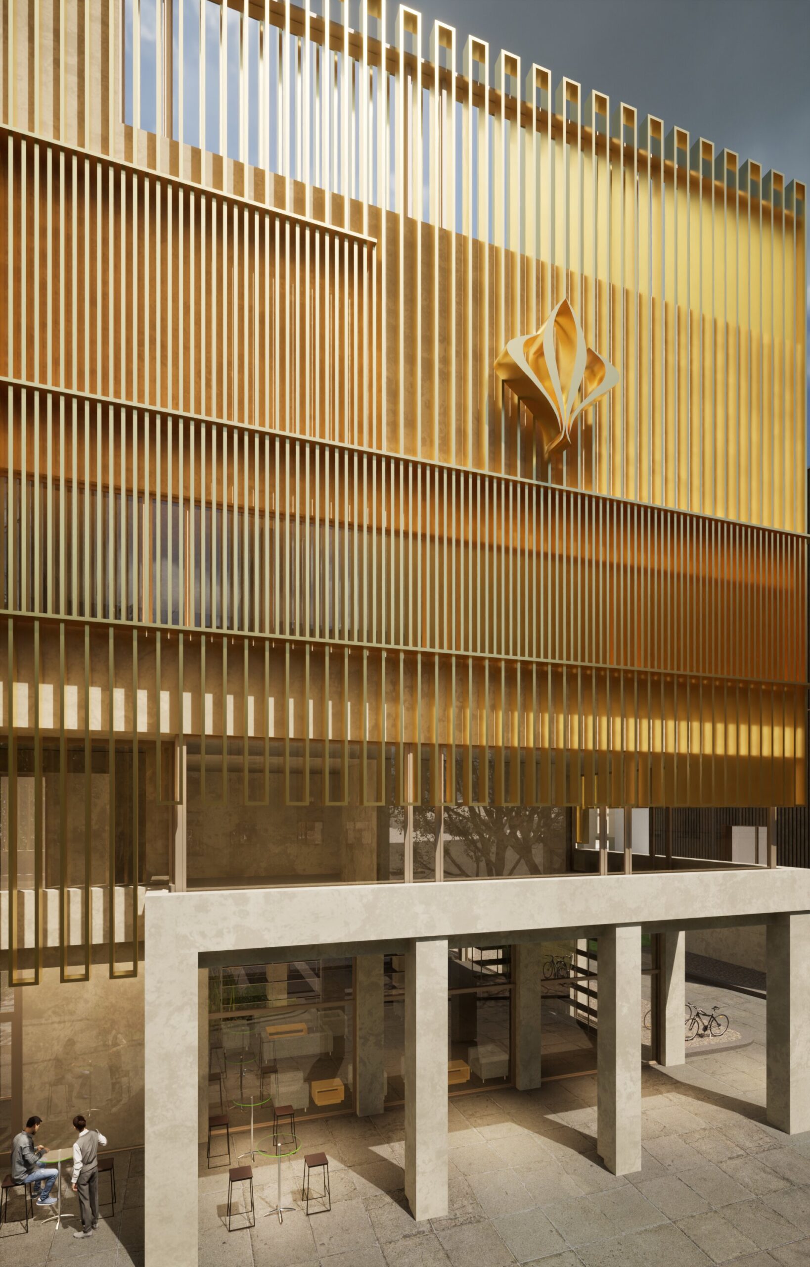 Gebäudeeingang — Holzlamellen, Betonpfeiler, reifer Baum