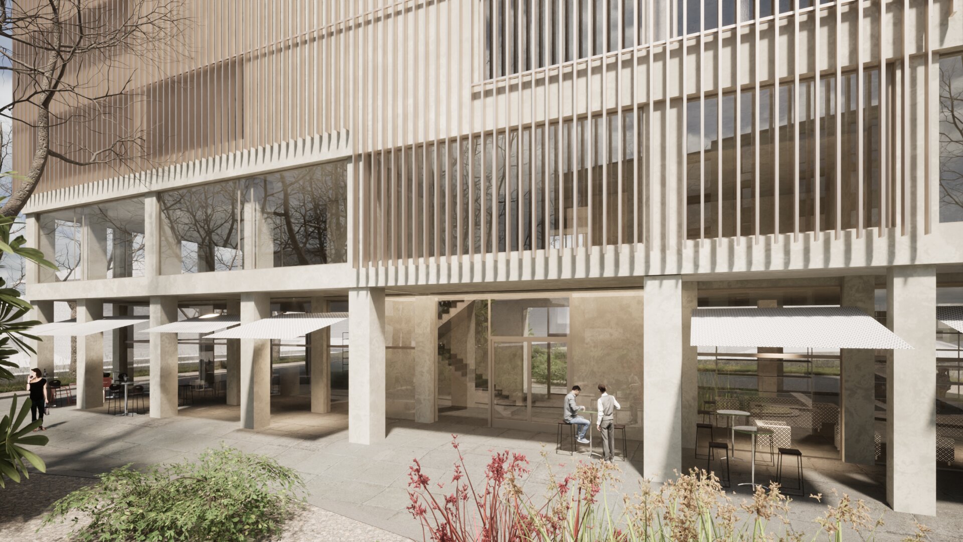 Das Auftaktgebäude — Baum wächst durch die Kolonnade, goldene Lamellen, Herbstlicht