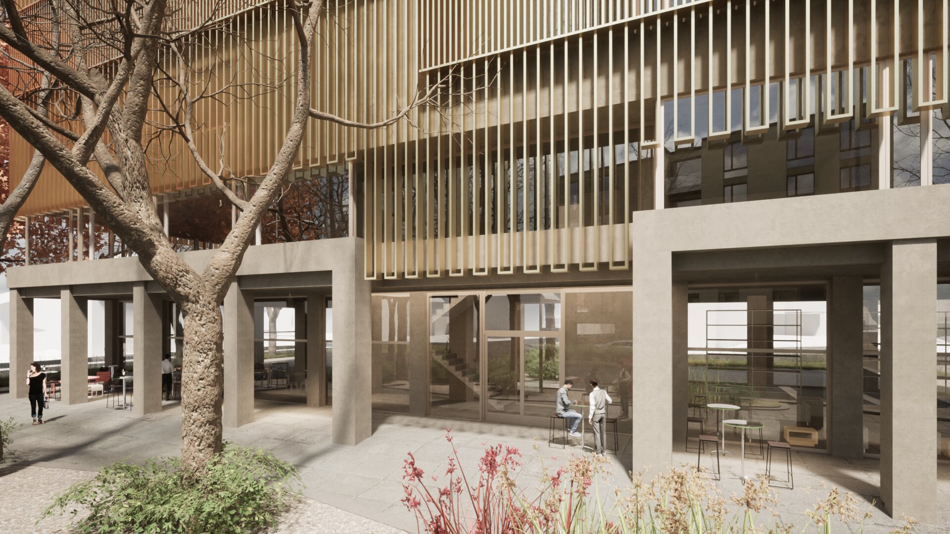 Erdgeschoss-Kolonnade mit Baum zwischen den Betonstützen und goldenen Lamellen darüber