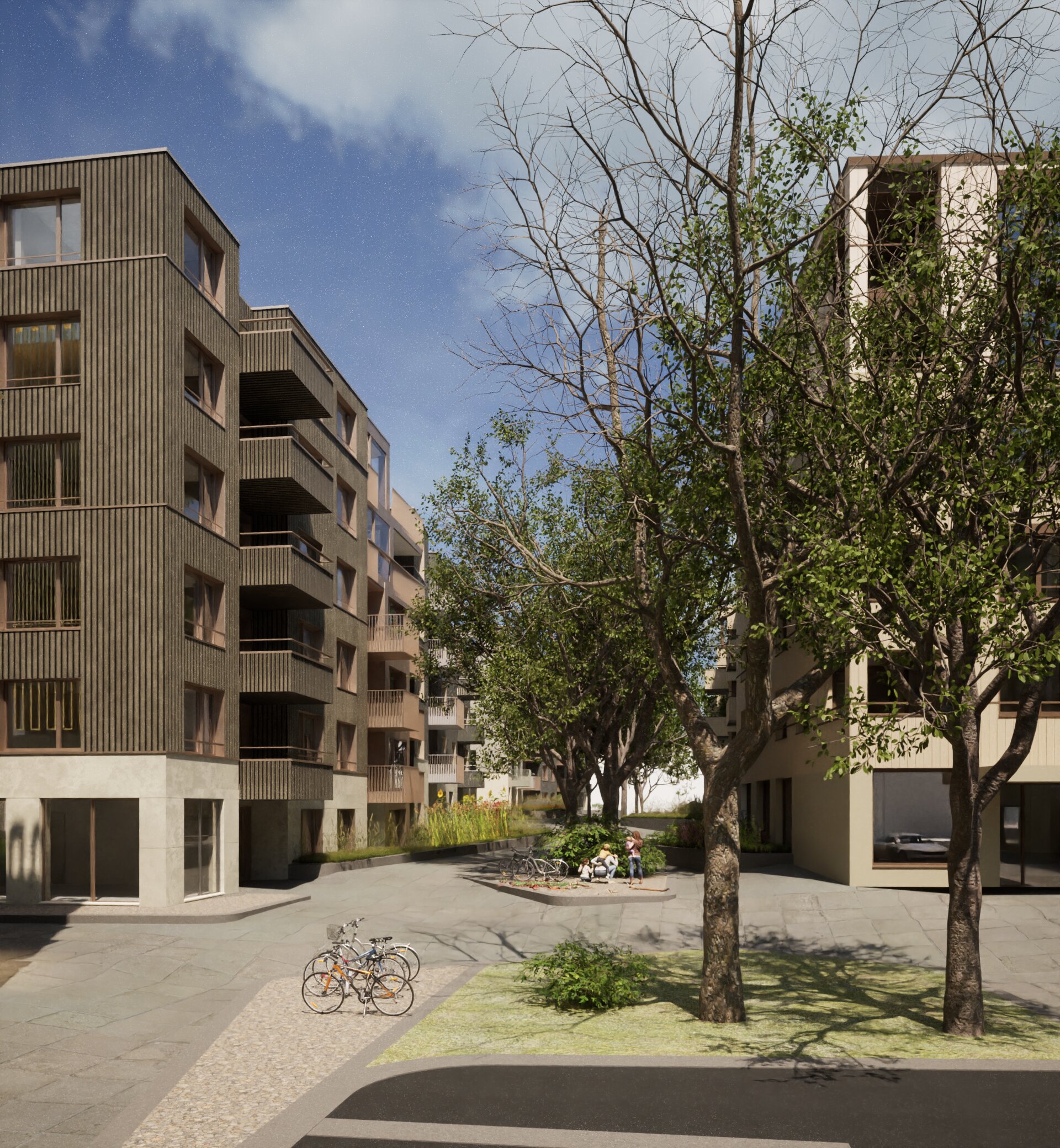 Der Zugang zum Quartier — Platz, Bäume, Fahrräder, Wohnstrasse