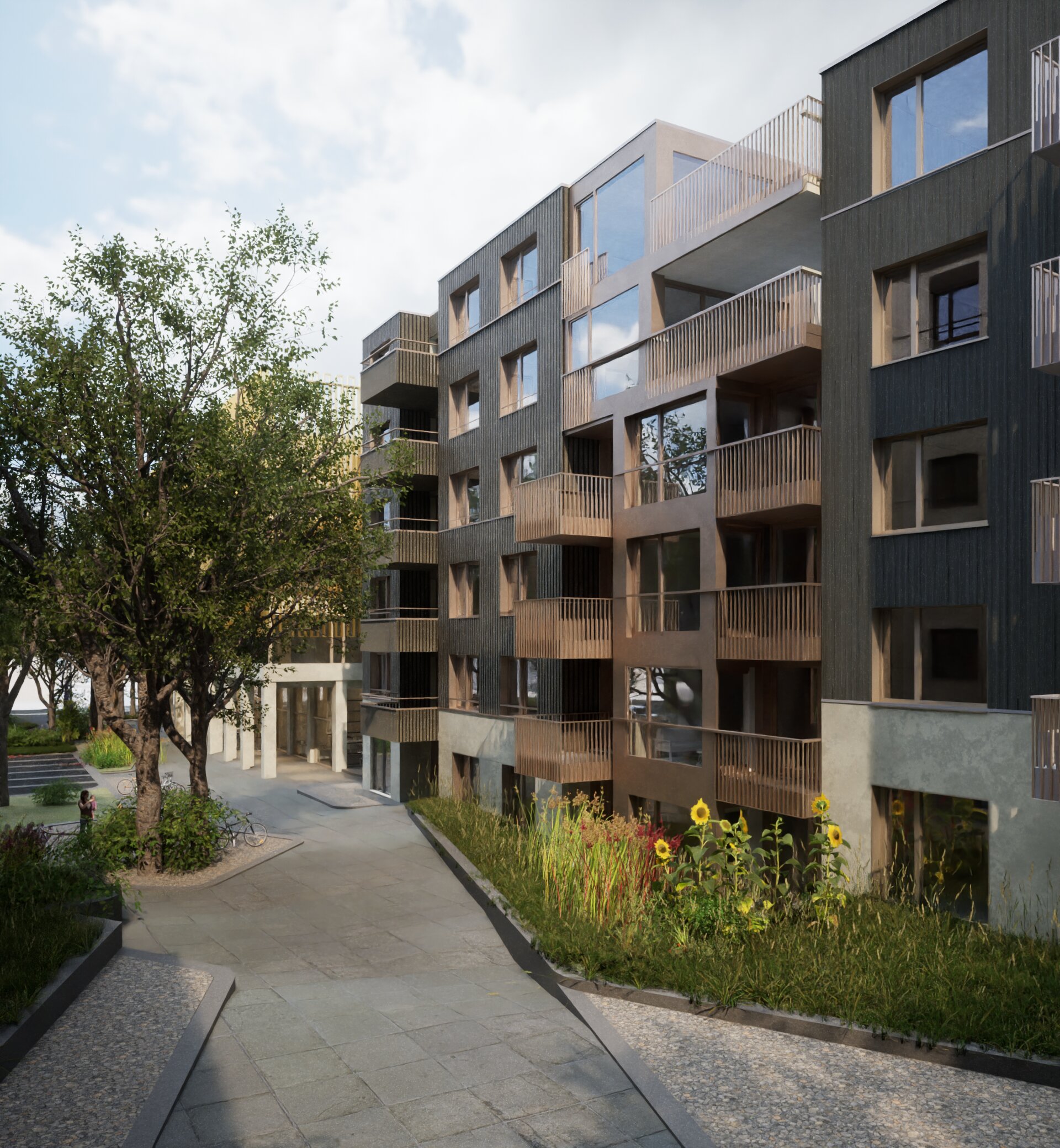 Haus B — versetzte Holzbalkone, Sonnenblumen, lebendige Fassade